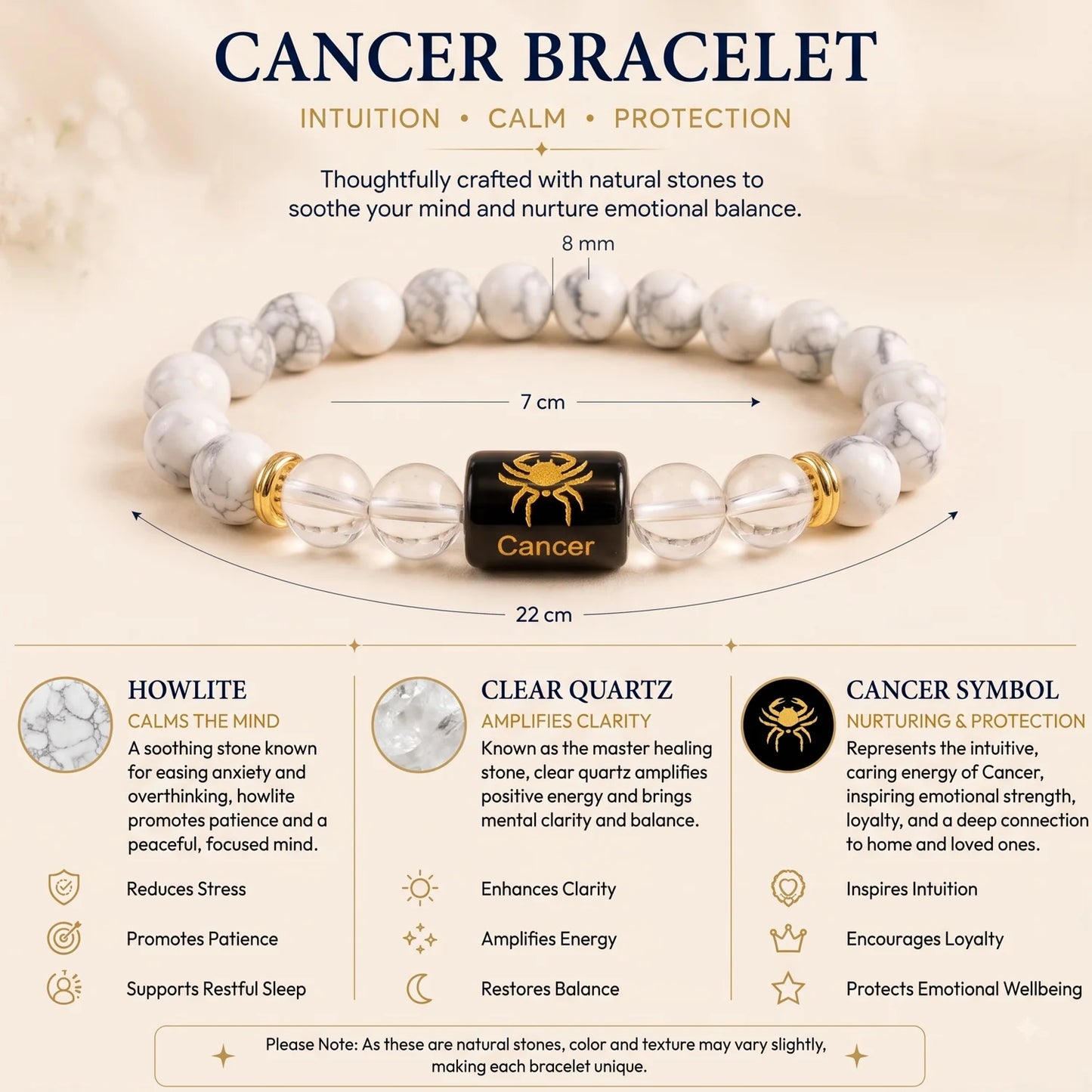 Cancer (कर्क राशि) Zodiac Energy Bracelet | Natural Howlite & Clear Quartz Crystal Bracelet