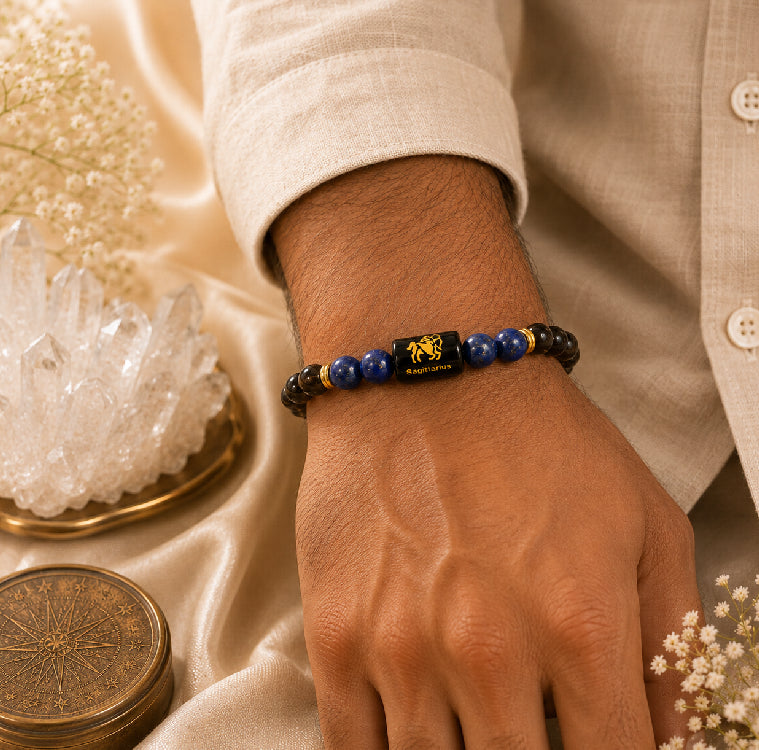 Sagittarius (धनु राशि) Zodiac Energy Bracelet | Natural Smoky Quartz & Lapis Lazuli Crystal Bracelet