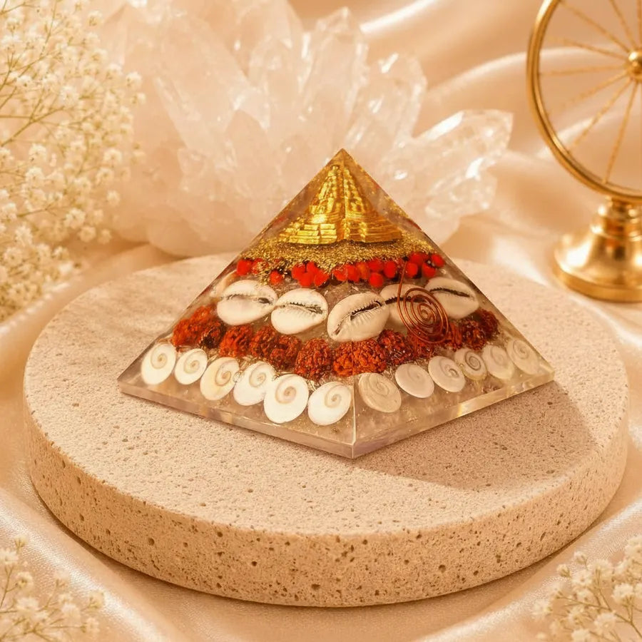 Lakshmi Yantra Pyramid with Free Raw Pyrite Stone for Wealth & Prosperity