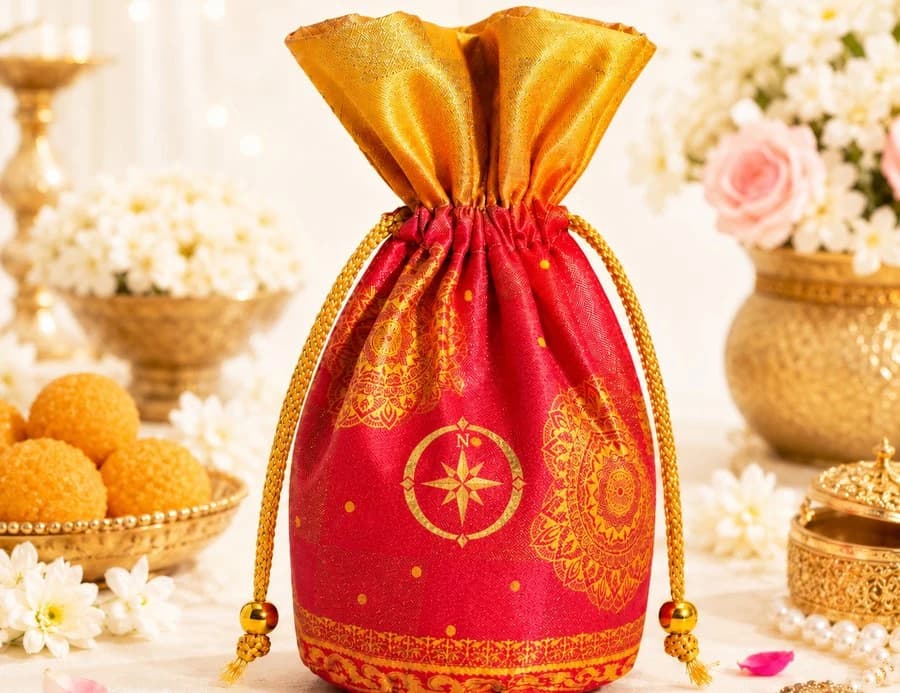 A crimson and gold Astroliya gift pouch among marigold sweets and jasmine