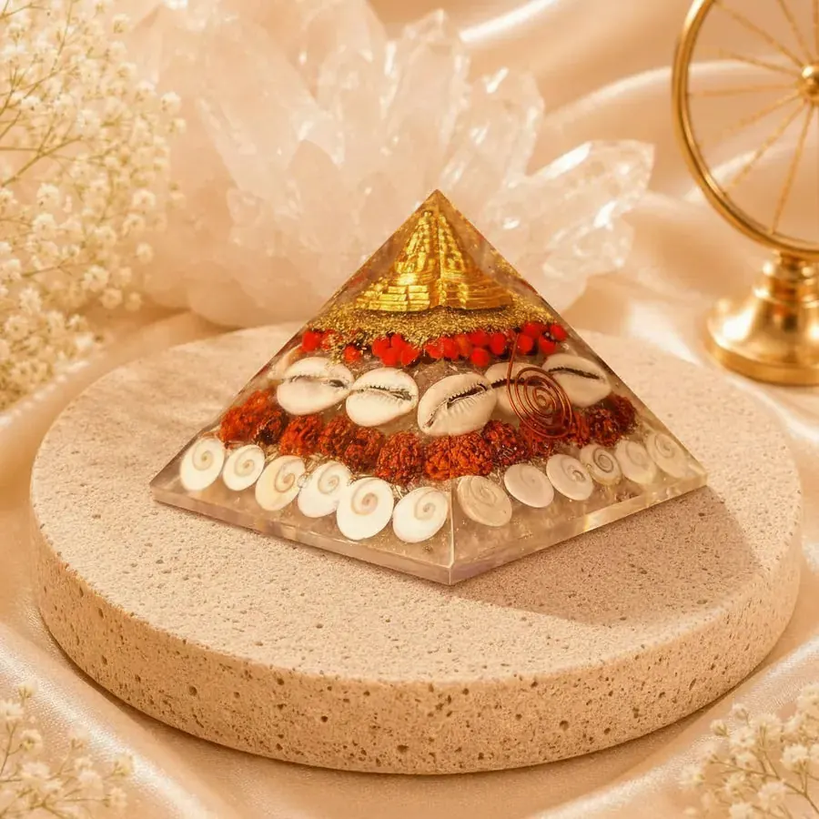 Clear resin pyramid with a gold yantra top, cowrie shells, rudraksha beads and gomti chakras, on a round stone stand