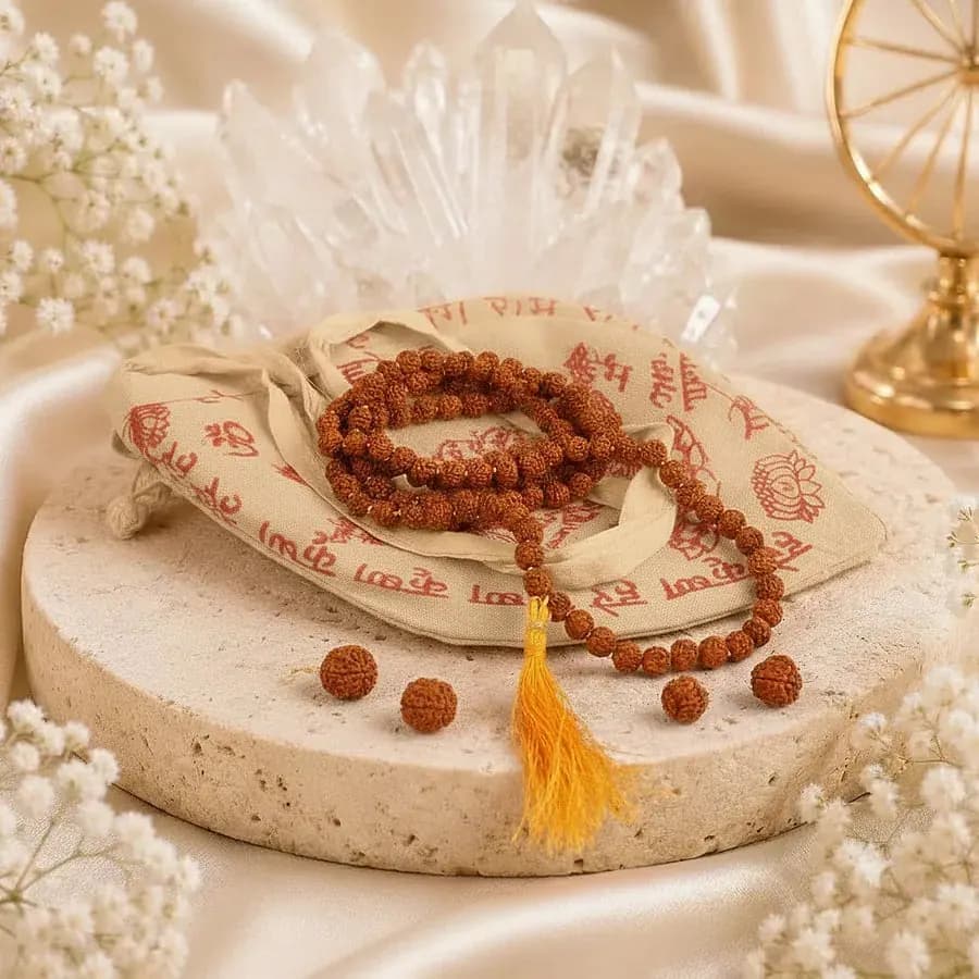 A rudraksha mala with a yellow tassel on a cloth pouch, with loose grooved beads and a quartz cluster