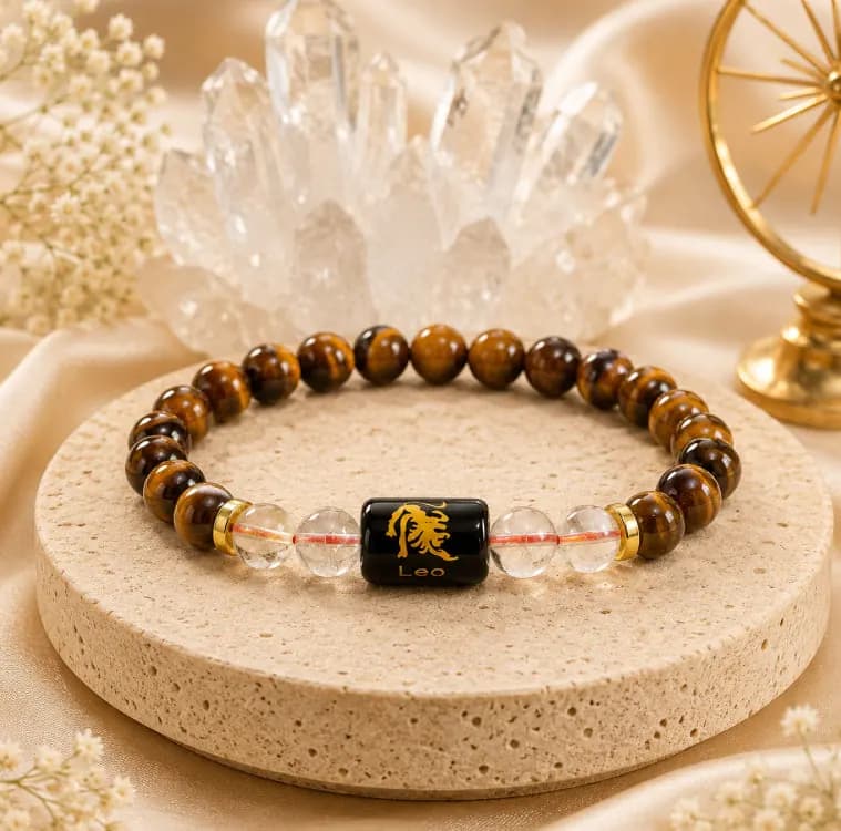 Tiger eye and clear quartz bead bracelet with a black Leo charm, on a stone tray before a quartz cluster