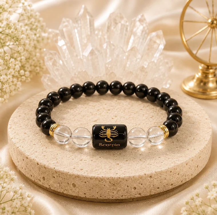 Black onyx and clear quartz bead bracelet, a traditional protection stone