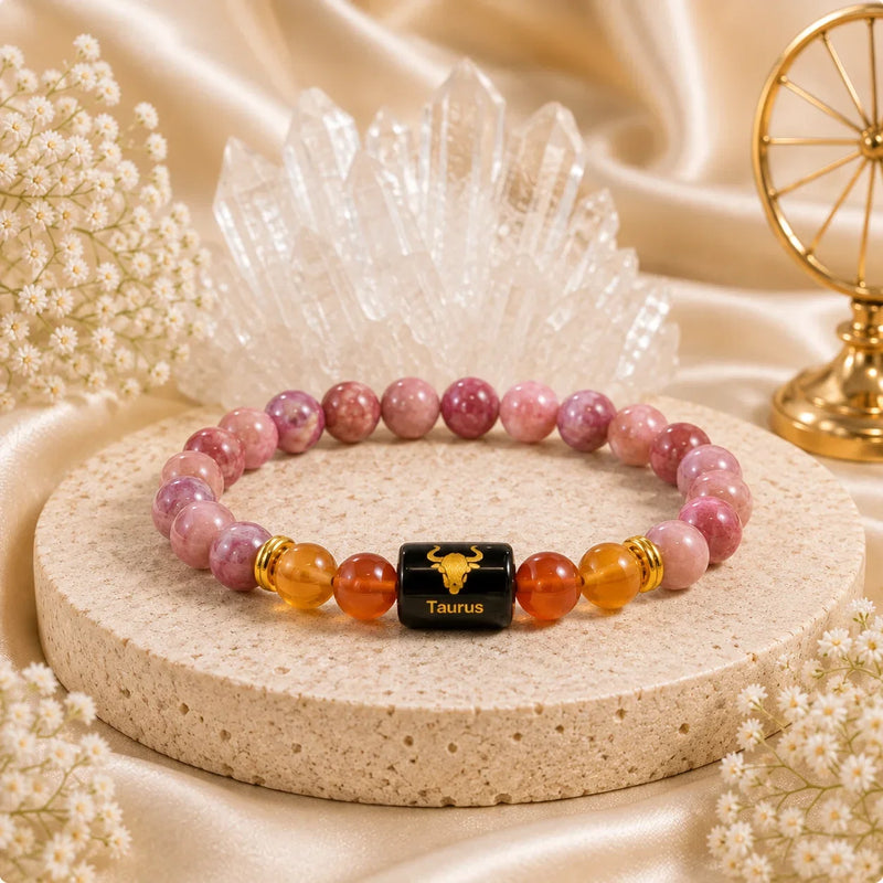 Orange carnelian beads and golden tiger eye beads laid beside a single rudraksha bead on a light wooden desk