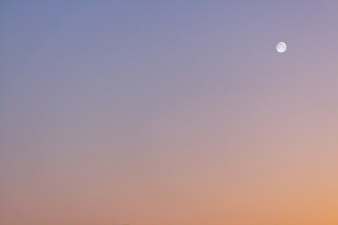 A crescent moon and the setting sun sharing the same twilight sky
