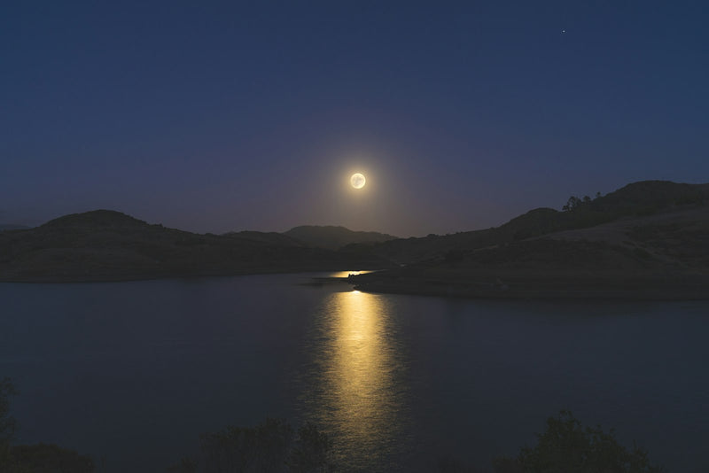 A full moon reflected on still dark water