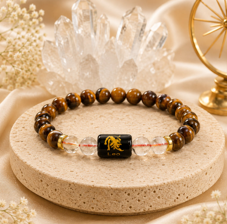 Leo (सिंह राशि) Zodiac Energy Bracelet | Natural Tiger Eye & Clear Quartz Crystal Bracelet