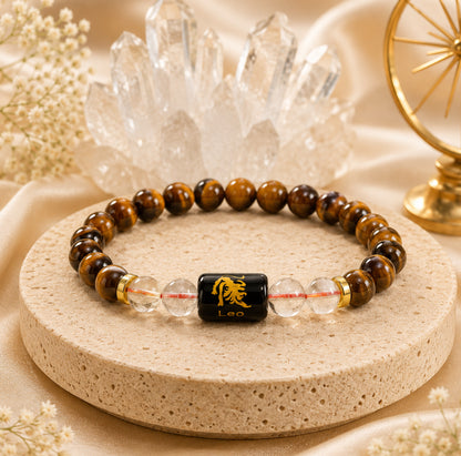 Leo (सिंह राशि) Zodiac Energy Bracelet | Natural Tiger Eye & Clear Quartz Crystal Bracelet