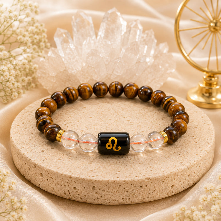 Leo (सिंह राशि) Zodiac Energy Bracelet | Natural Tiger Eye & Clear Quartz Crystal Bracelet