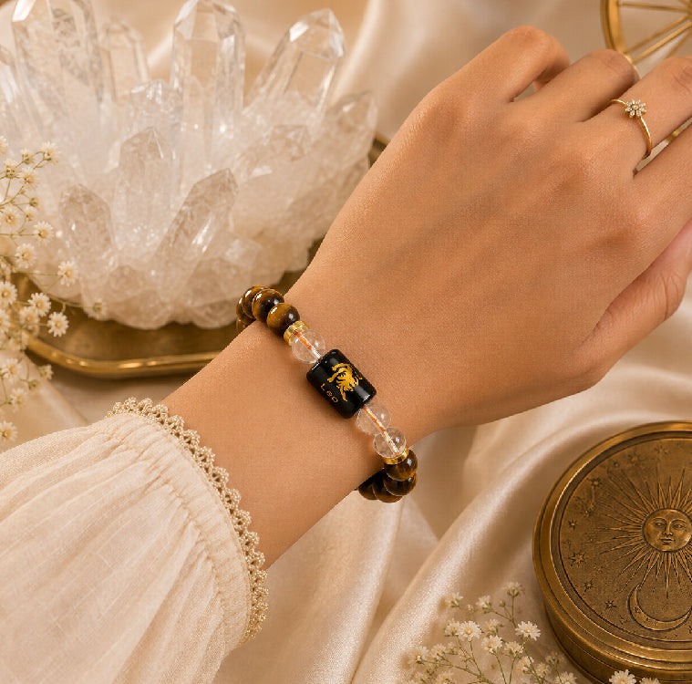 Leo (सिंह राशि) Zodiac Energy Bracelet | Natural Tiger Eye & Clear Quartz Crystal Bracelet