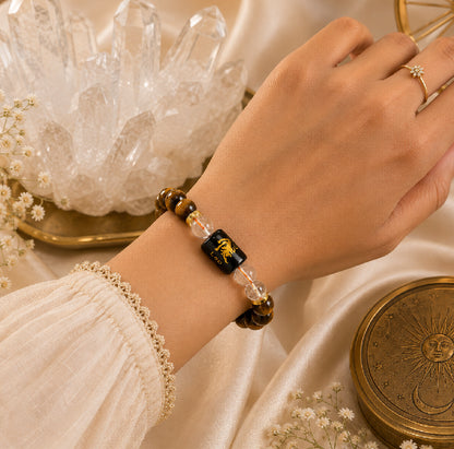 Leo (सिंह राशि) Zodiac Energy Bracelet | Natural Tiger Eye & Clear Quartz Crystal Bracelet