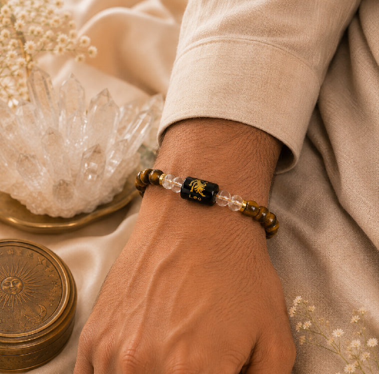 Leo (सिंह राशि) Zodiac Energy Bracelet | Natural Tiger Eye & Clear Quartz Crystal Bracelet