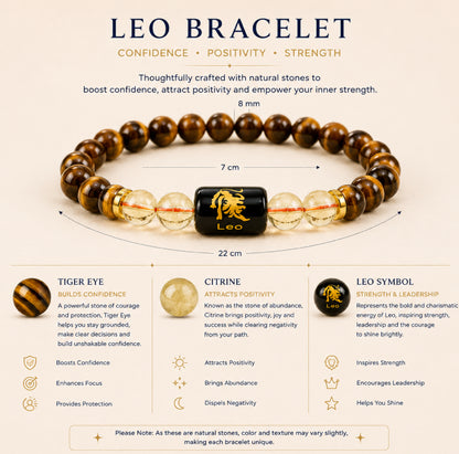 Leo (सिंह राशि) Zodiac Energy Bracelet | Natural Tiger Eye & Clear Quartz Crystal Bracelet