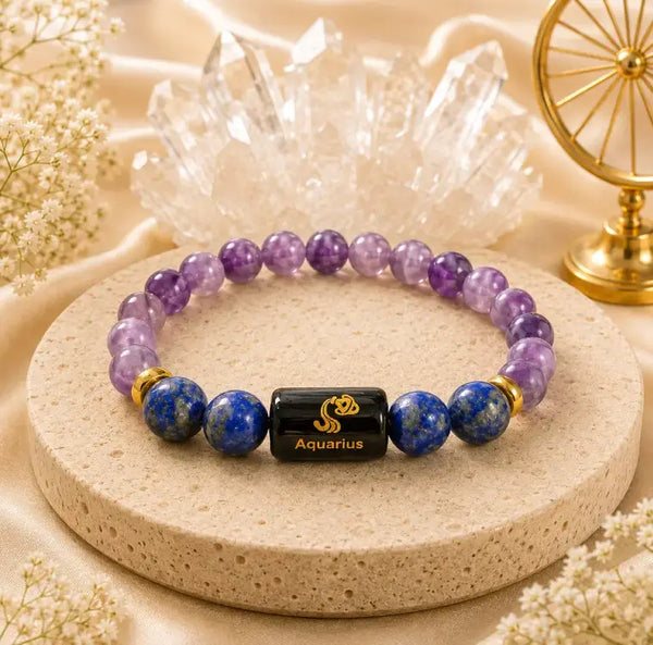Aquarius (कुंभ राशि) Zodiac Energy Bracelet | Natural Amethyst & Lapis Lazuli Crystal Bracelet