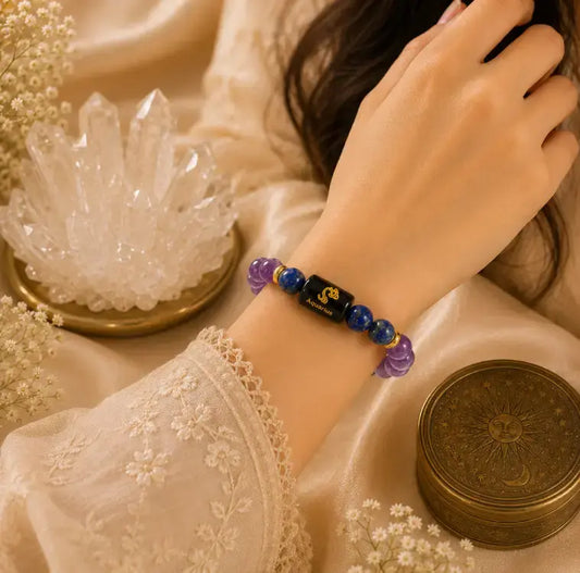 Aquarius (कुंभ राशि) Zodiac Energy Bracelet | Natural Amethyst & Lapis Lazuli Crystal Bracelet