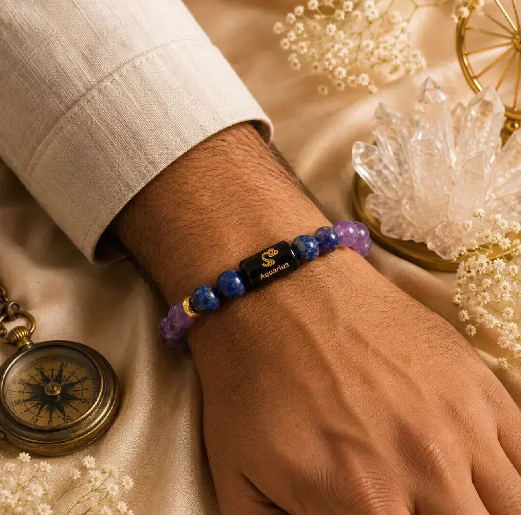 Aquarius (कुंभ राशि) Zodiac Energy Bracelet | Natural Amethyst & Lapis Lazuli Crystal Bracelet