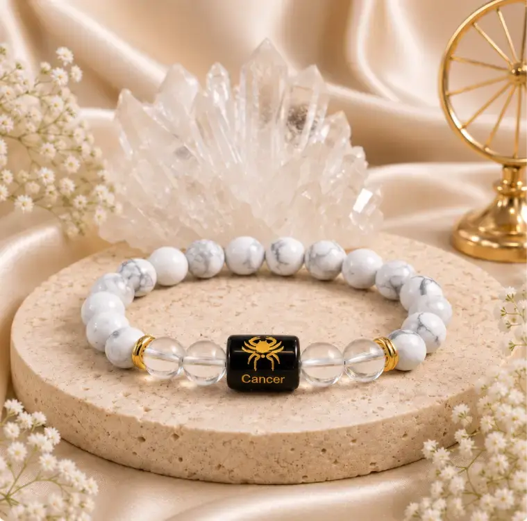 Cancer (कर्क राशि) Zodiac Energy Bracelet | Natural Howlite & Clear Quartz Crystal Bracelet