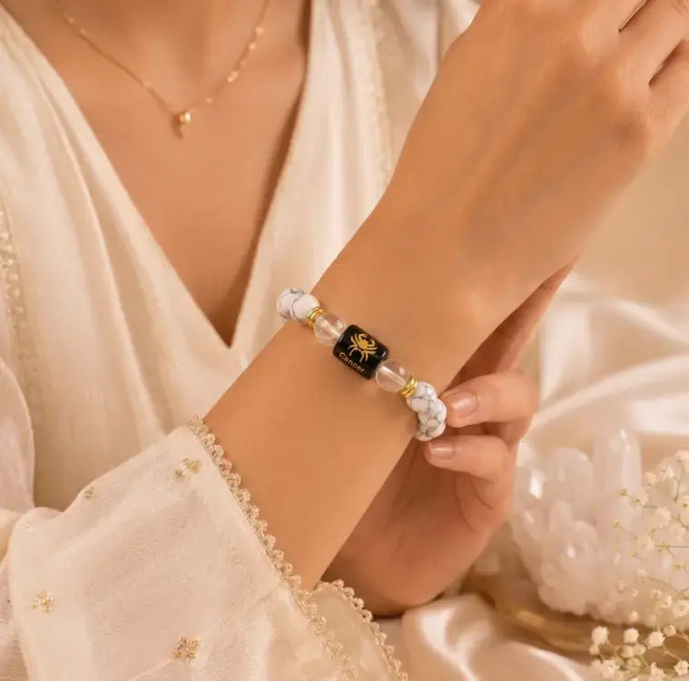 Cancer (कर्क राशि) Zodiac Energy Bracelet | Natural Howlite & Clear Quartz Crystal Bracelet