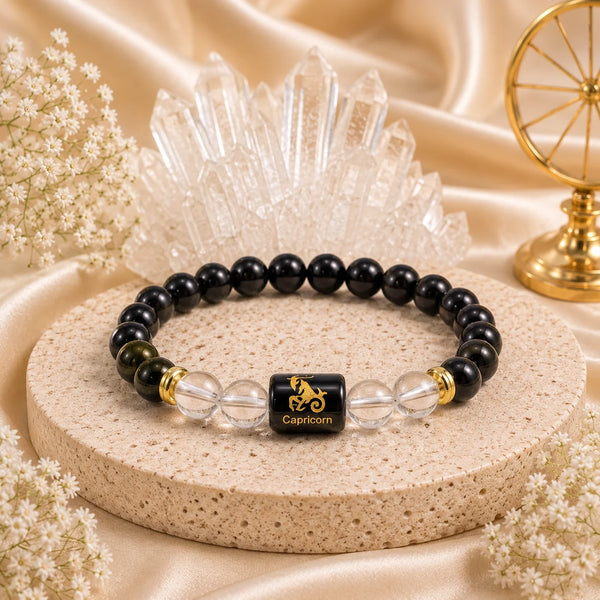 Capricorn (मकर राशि) Zodiac Energy Bracelet | Natural Black Onyx & Clear Quartz Crystal Bracelet