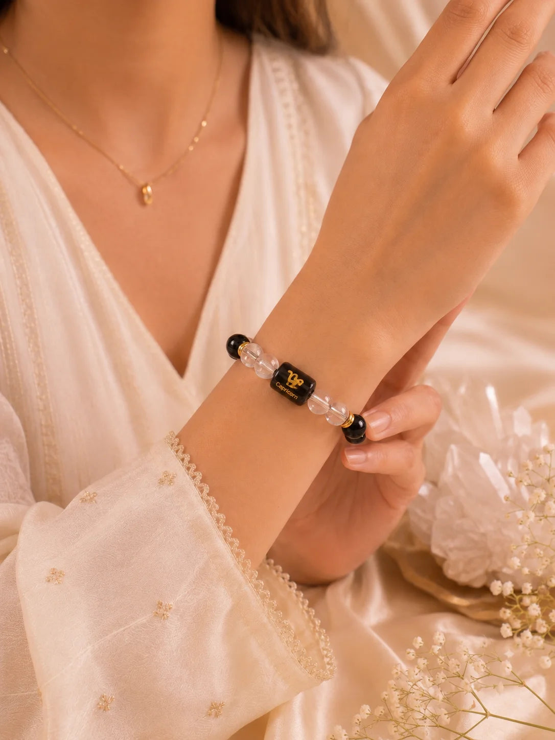 Capricorn (मकर राशि) Zodiac Energy Bracelet | Natural Black Onyx & Clear Quartz Crystal Bracelet