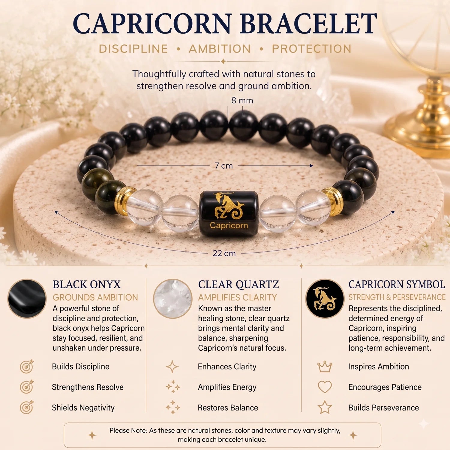 Capricorn (मकर राशि) Zodiac Energy Bracelet | Natural Black Onyx & Clear Quartz Crystal Bracelet