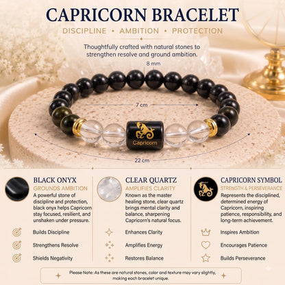 Capricorn (मकर राशि) Zodiac Energy Bracelet | Natural Black Onyx & Clear Quartz Crystal Bracelet