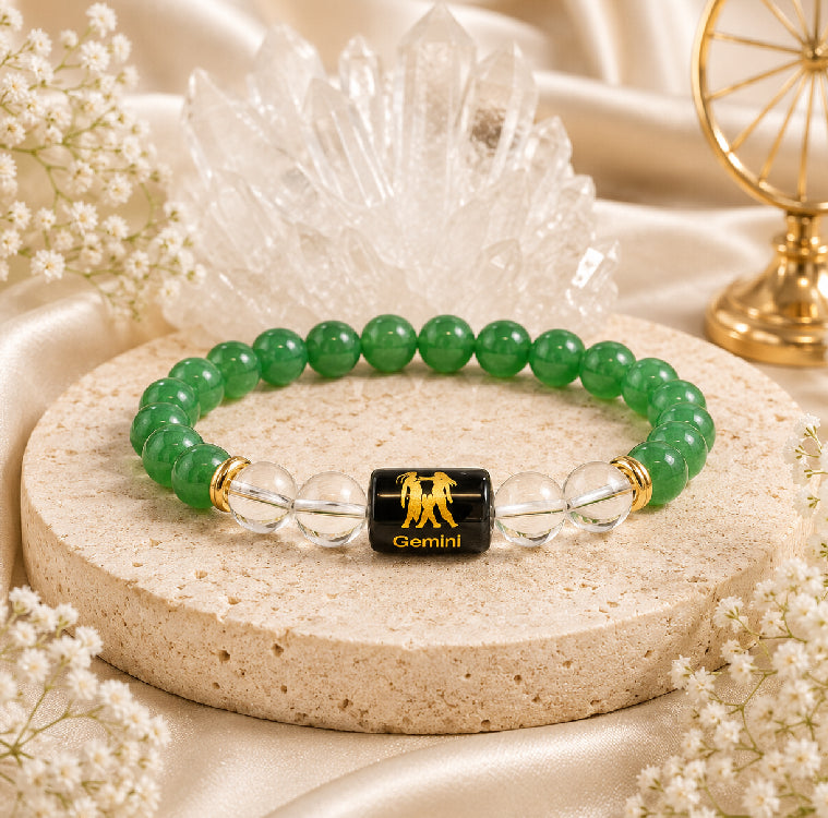 Gemini (मिथुन राशि) Zodiac Energy Bracelet | Natural Green Aventurine & Clear Quartz Crystal Bracelet