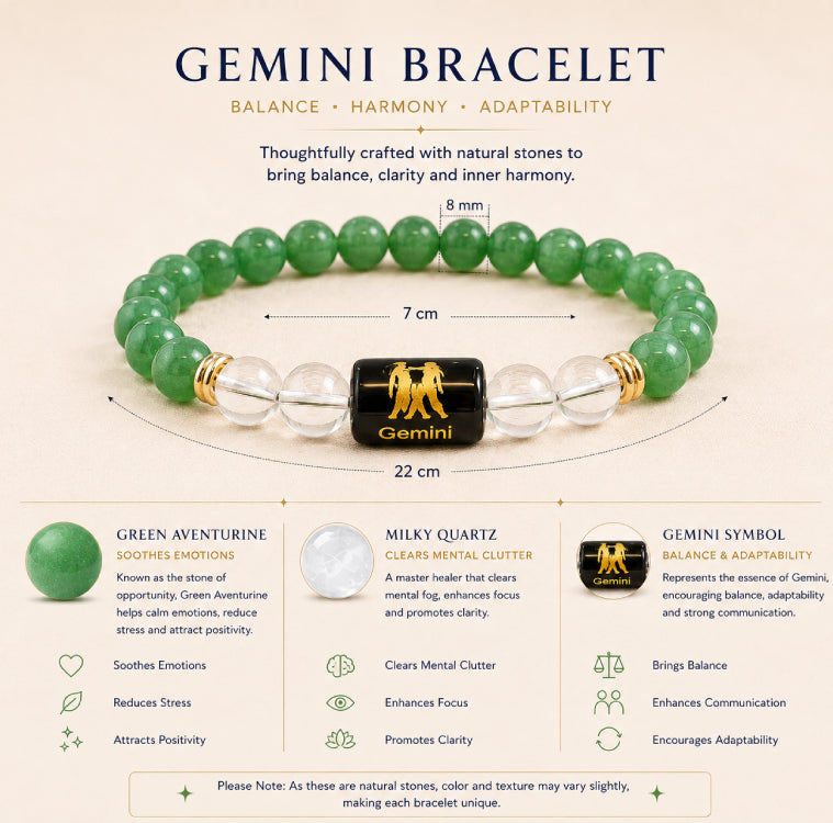 Gemini (मिथुन राशि) Zodiac Energy Bracelet | Natural Green Aventurine & Clear Quartz Crystal Bracelet