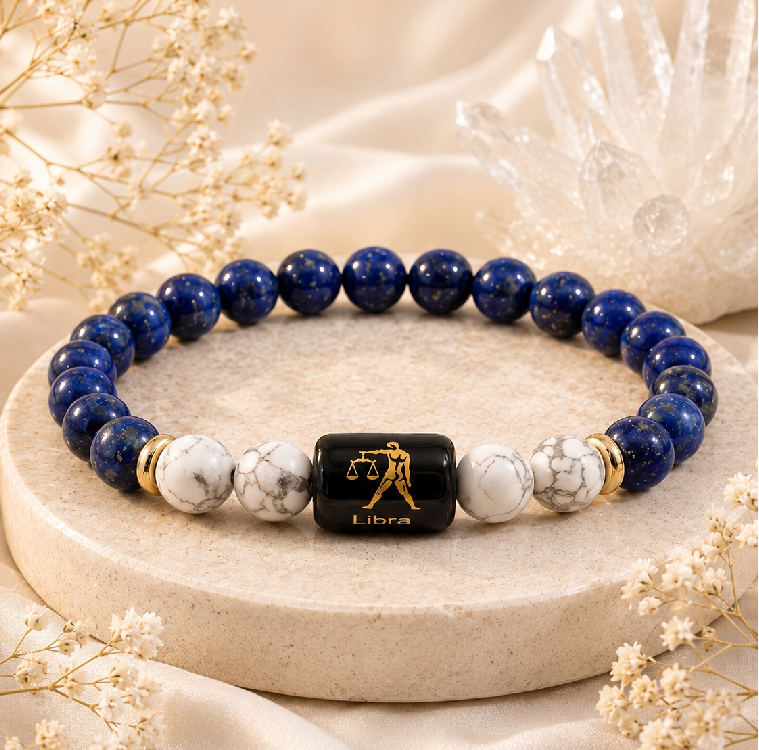 Libra (तुला राशि) Zodiac Energy Bracelet | Natural Lapis Lazuli & Howlite Crystal Bracelet