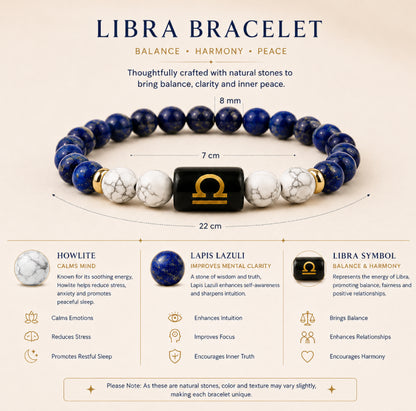 Libra (तुला राशि) Zodiac Energy Bracelet | Natural Lapis Lazuli & Howlite Crystal Bracelet