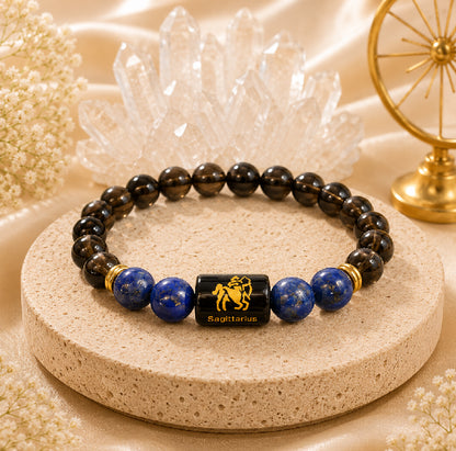 Sagittarius (धनु राशि) Zodiac Energy Bracelet | Natural Smoky Quartz & Lapis Lazuli Crystal Bracelet