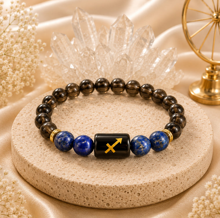 Sagittarius (धनु राशि) Zodiac Energy Bracelet | Natural Smoky Quartz & Lapis Lazuli Crystal Bracelet