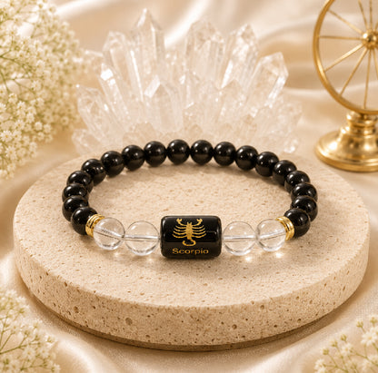 Scorpio (वृश्चिक राशि) Zodiac Energy Bracelet | Natural Black Onyx & Clear Quartz Crystal Bracelet