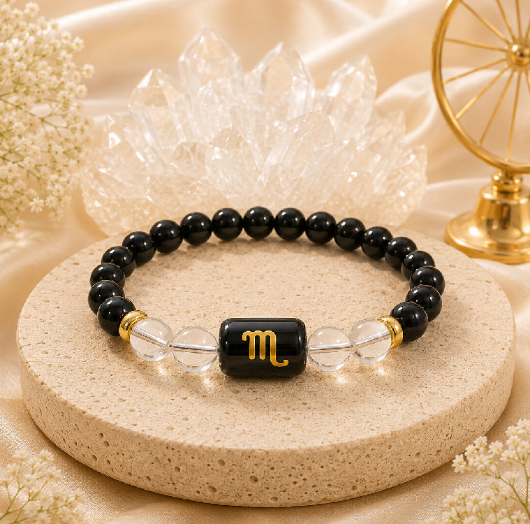 Scorpio (वृश्चिक राशि) Zodiac Energy Bracelet | Natural Black Onyx & Clear Quartz Crystal Bracelet