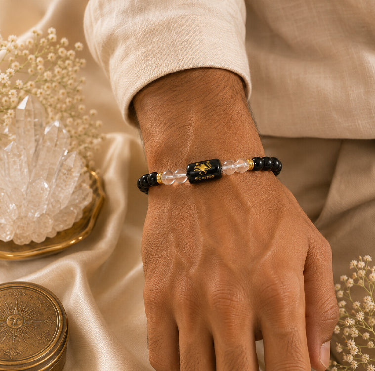 Scorpio (वृश्चिक राशि) Zodiac Energy Bracelet | Natural Black Onyx & Clear Quartz Crystal Bracelet