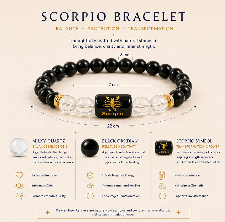 Scorpio (वृश्चिक राशि) Zodiac Energy Bracelet | Natural Black Onyx & Clear Quartz Crystal Bracelet