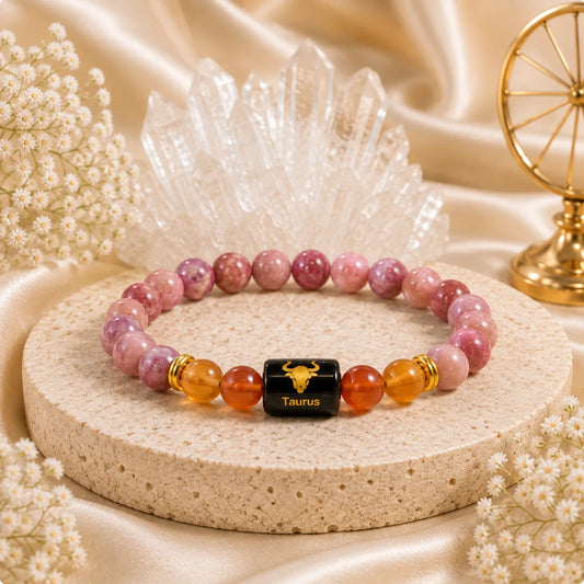 Taurus (वृषभ राशि) Zodiac Energy Bracelet | Natural Lepidolite & Carnelian Crystal Bracelet