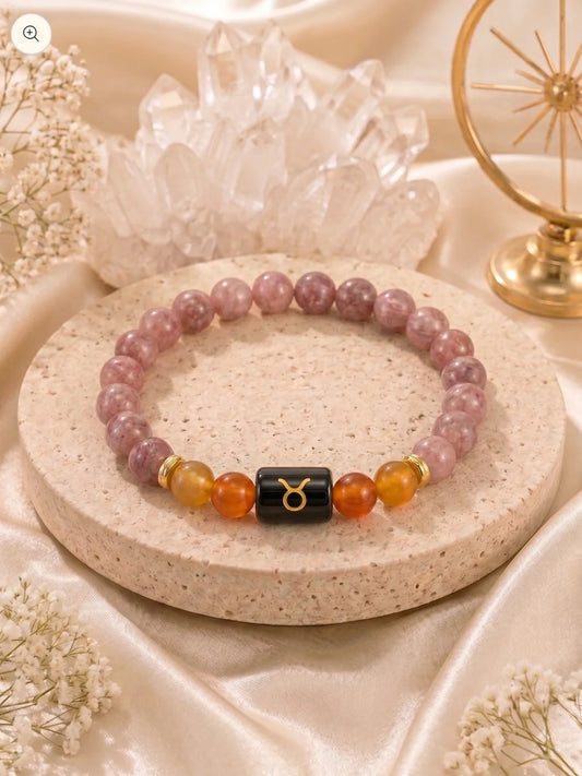Taurus (वृषभ राशि) Zodiac Energy Bracelet | Natural Lepidolite & Carnelian Crystal Bracelet