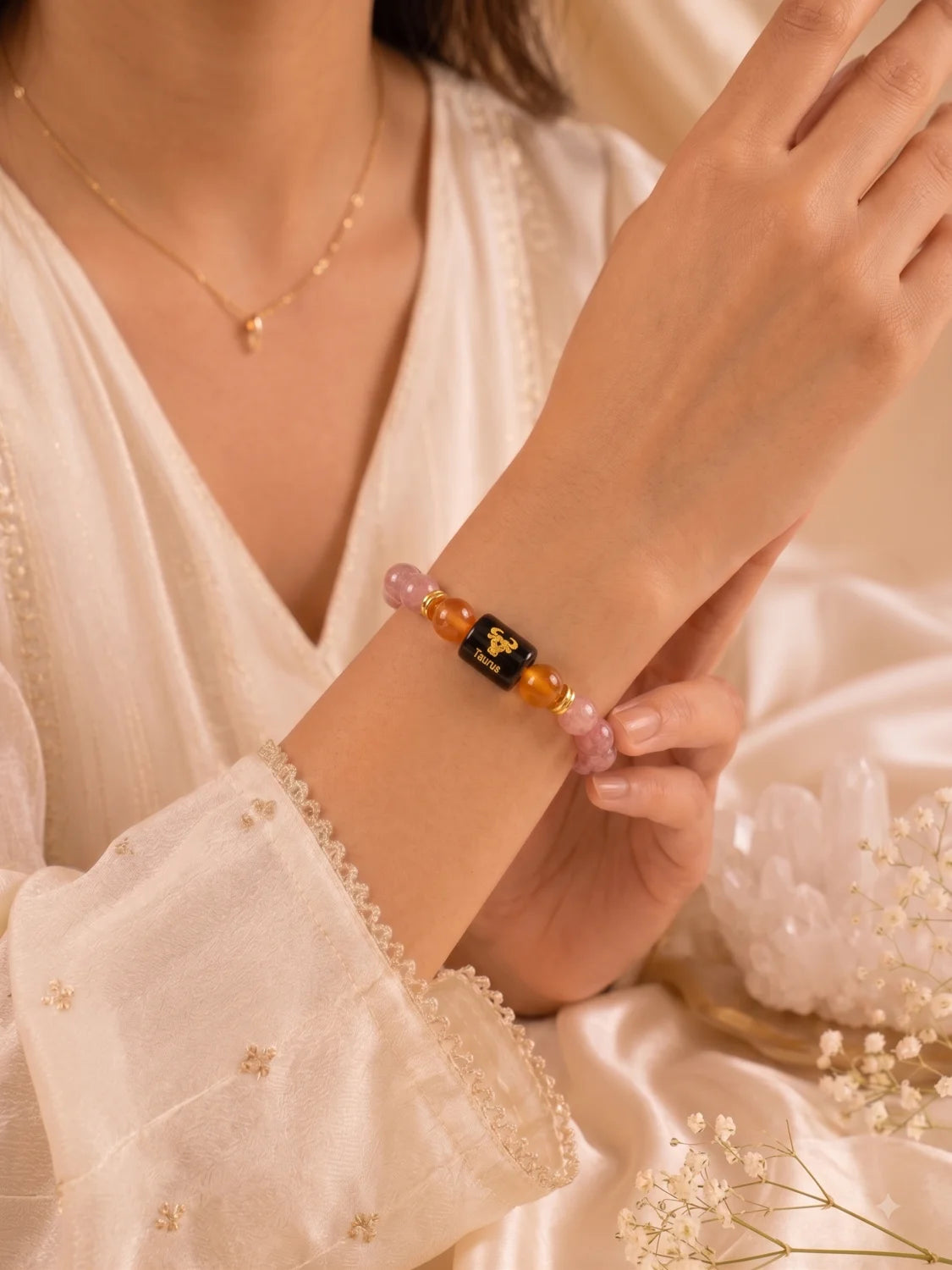 Taurus (वृषभ राशि) Zodiac Energy Bracelet | Natural Lepidolite & Carnelian Crystal Bracelet