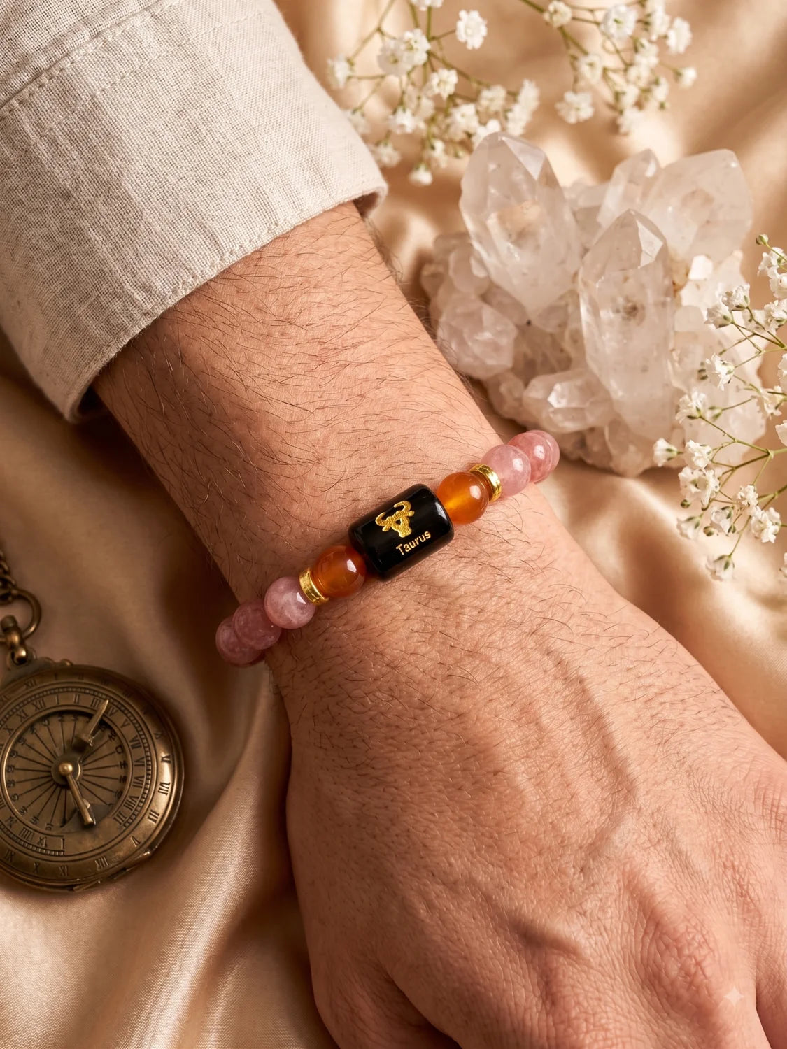 Taurus (वृषभ राशि) Zodiac Energy Bracelet | Natural Lepidolite & Carnelian Crystal Bracelet