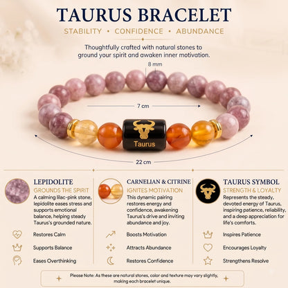 Taurus (वृषभ राशि) Zodiac Energy Bracelet | Natural Lepidolite & Carnelian Crystal Bracelet