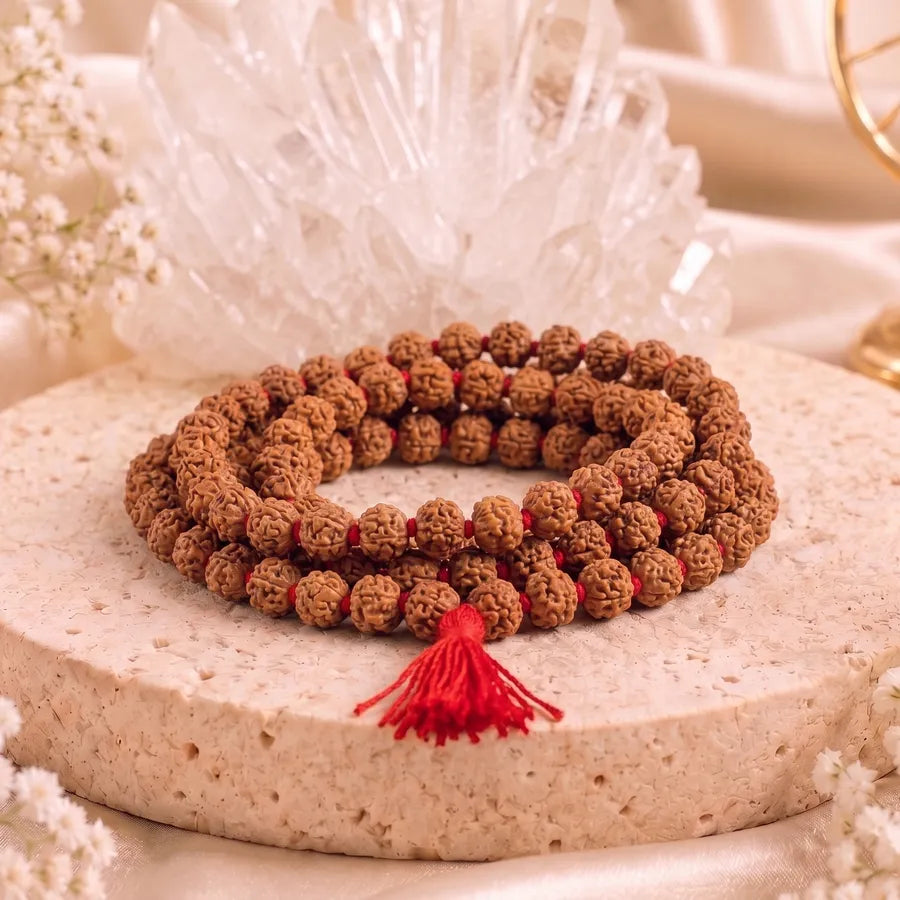 Certified 8mm Rudraksha Mala – 108+1 Hand-Knotted Prayer Beads