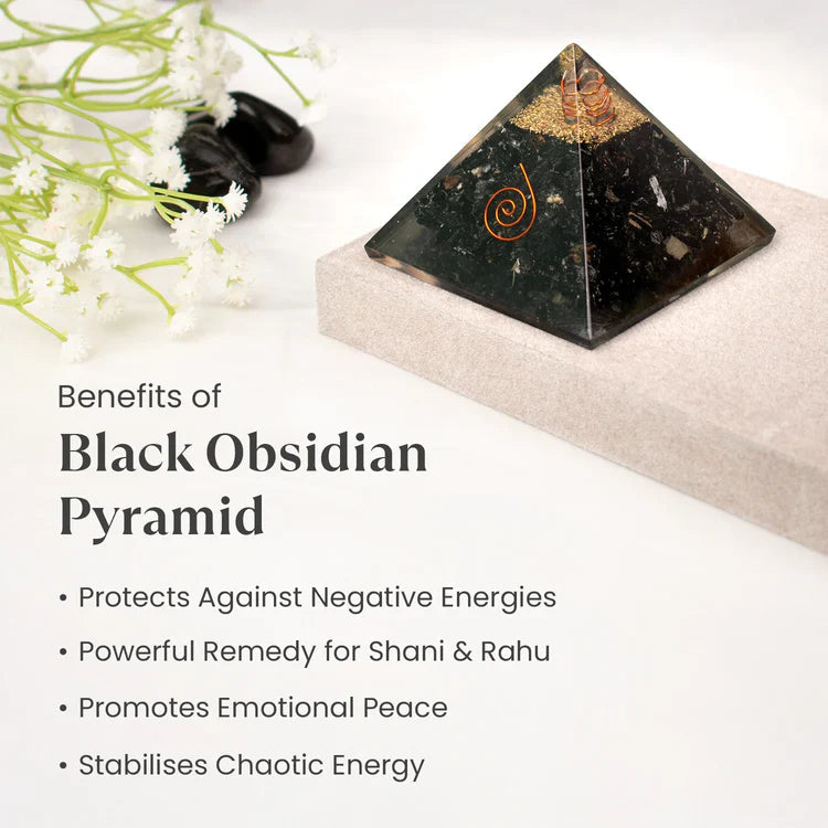 Black Obsidian Pyramid with Free Raw Square Selenite Plate
