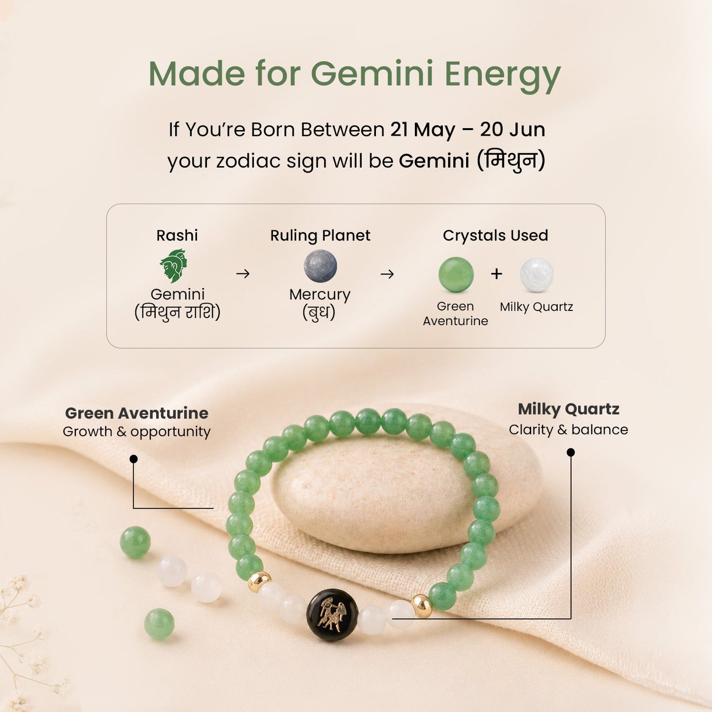 Gemini (मिथुन राशि) Zodiac Green Aventurine & Milky Quartz Bracelet for Women