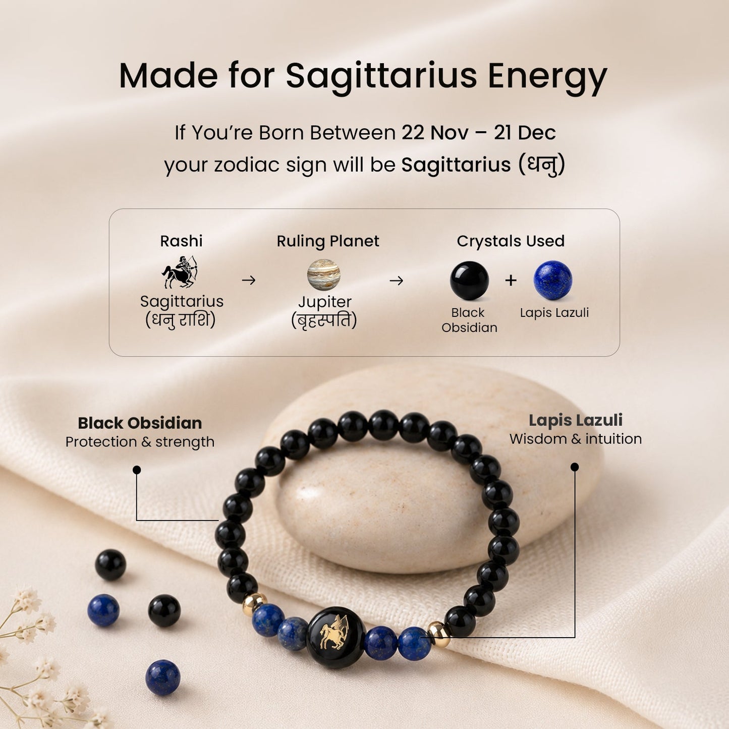 Sagittarius (धनु राशि) Zodiac Black Obsidian & Lapis Lazuli Bracelet for Women